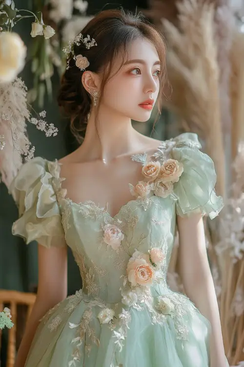 A chic woman in a pastel mint green A-line tea-length dress with short puff sleeves, floral appliqueÌs, and a scalloped hemline