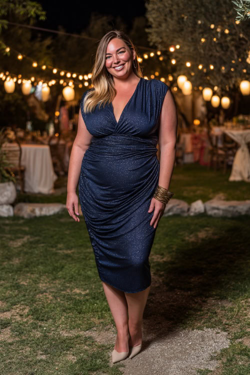 A plus-size woman wears a midnight blue wrap midi dress with subtle shimmer, styled with pointed-toe heels and a statement bracelet