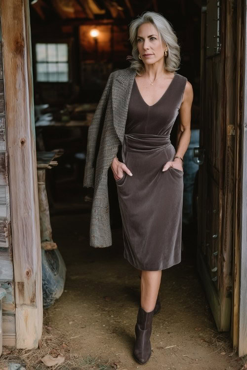 A woman over 50 wears a gray velvet midi wedding guest dress with a jacket