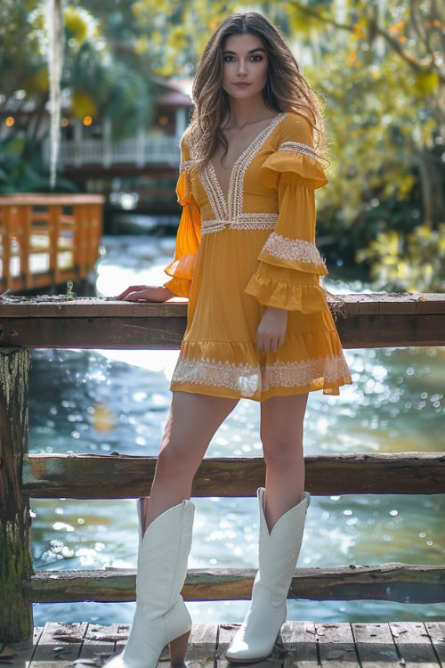 A woman wears white cowboy boots with a lace-detailed yellow dress