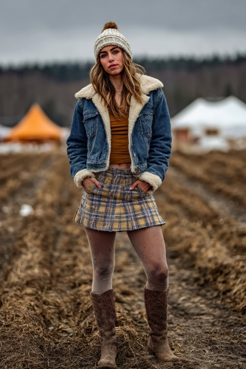 A woman wears a denim shearling jacket over a plaid skirt and tights, styled with western boots and a knit beanie, standing in a chilly autumn field at a music festival