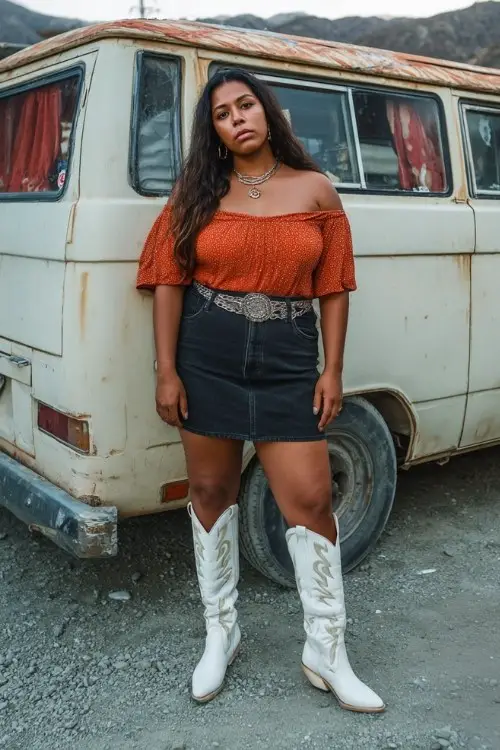 A plus-size woman wears a black denim skirt with a rust off-shoulder top, paired with tall white cowboy boots and a chain belt
