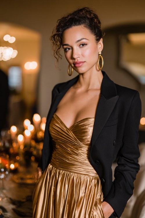 A curvy woman wears a gold metallic gown with a ruched waist and flowing skirt, styled with a tailored black jacket and hoop earrings