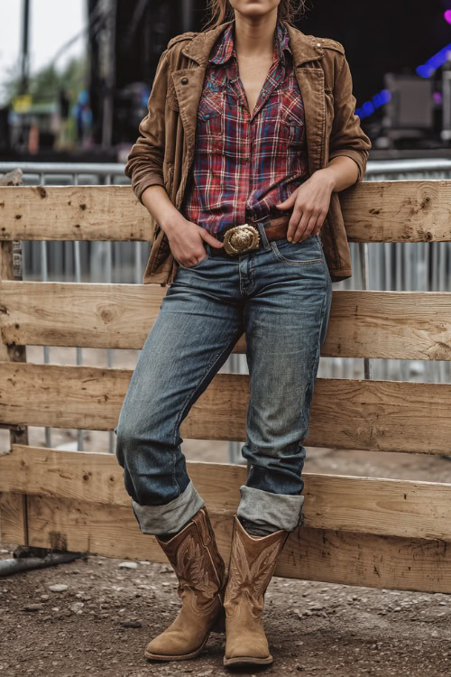 A woman wears boyfriend jeans cuffed at the ankle with a plaid flannel shirt layered under a leather jacket, paired with suede cowboy boots