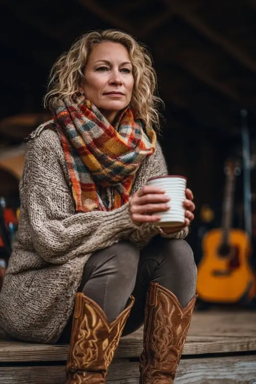 A woman over 40 wears a tunic sweater with leggings, cowboy boots, and a plaid scarf, holding a hot drink at a rustic fall concert setup