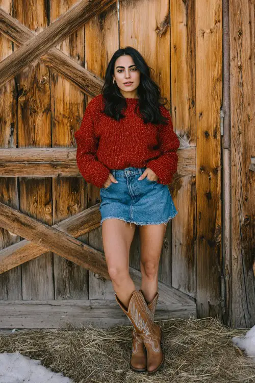 A woman wears a textured crimson sweater with a denim mini skirt and brown stitched cowboy boots
