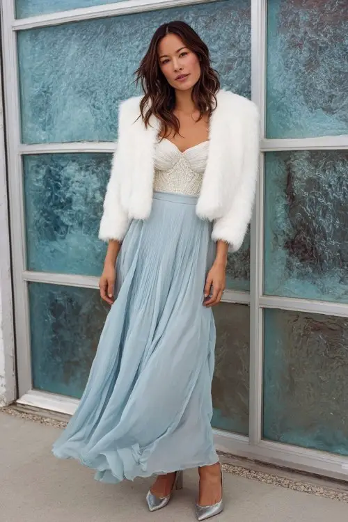 A woman wears an icy-blue chiffon gown with flutter sleeves and beaded bodice, layered under a white faux-fur cropped jacket and paired with silver kitten heels