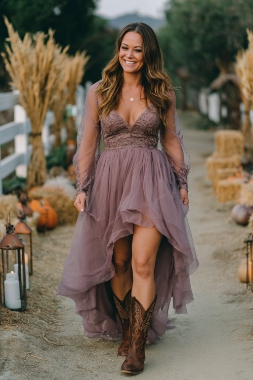 A curvy woman in a mauve high-low tulle dress with a beaded bodice and sheer long sleeves, paired with brown embossed cowboy boots