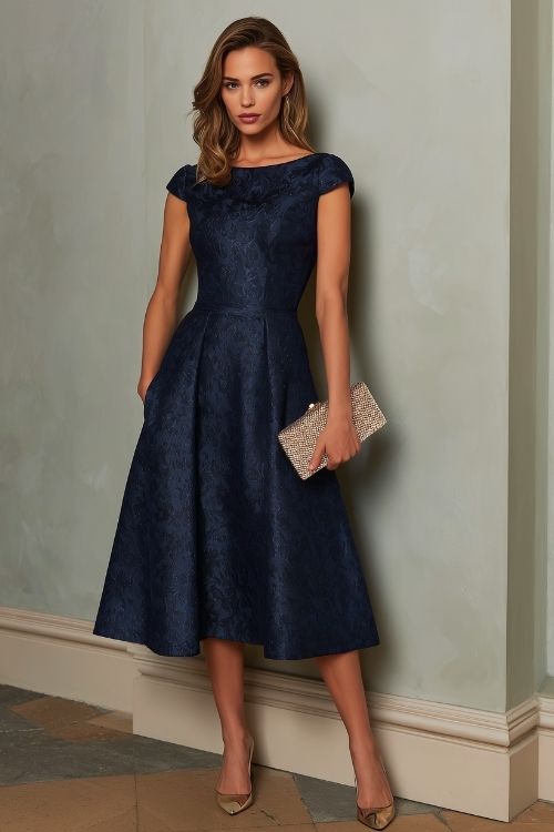 a woman wears a formal navy fall wedding guest dress with sparkling clutch