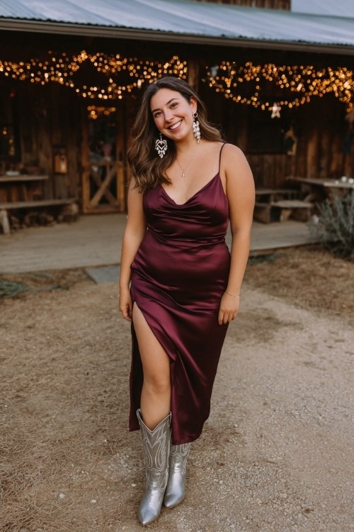 A curvy woman wears a burgundy satin midi dress with a side slit, paired with metallic silver cowboy boots and chandelier earrings