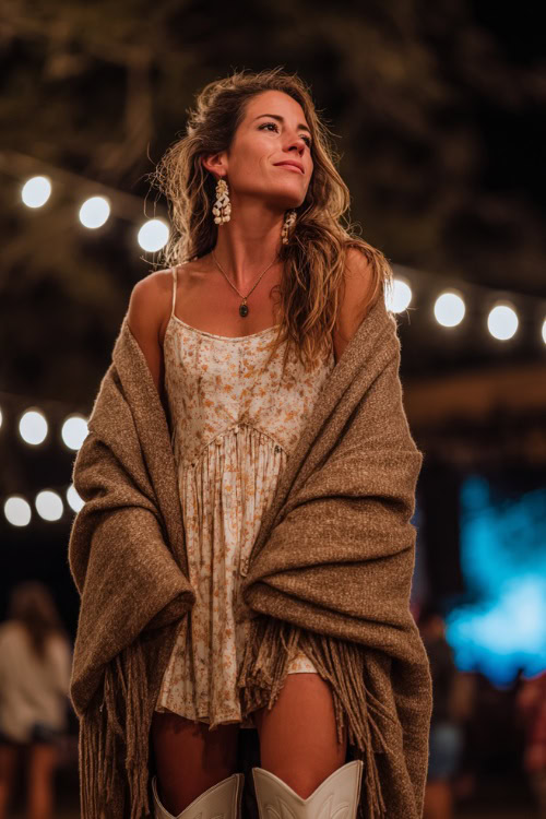 A woman wears a bohemian maxi dress with a wool wrap coat, white cowboy boots, and statement earrings under glowing string lights at a fall concert