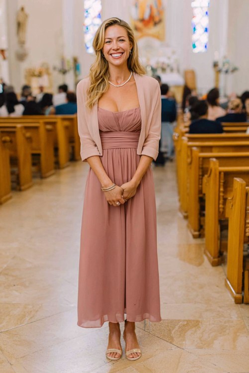 A woman wears a dusty rose chiffon gown with a matching lightweight bolero jacket