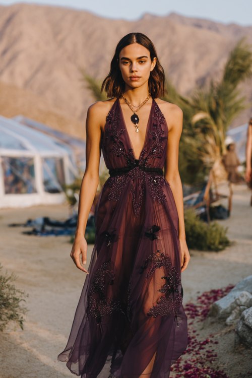 A petite woman wears an aubergine tulle midi with scattered embroidery