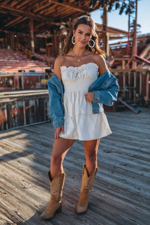 A woman in a white babydoll mini dress with ruffled straps and tan cowgirl boots, accessorized with hoop earrings and a denim jacket tied around her waist