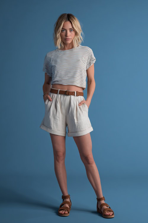 A woman in high-waisted linen shorts with a tucked-in striped tee and brown leather sandals, styled for a comfortable summer night out, simple studio background