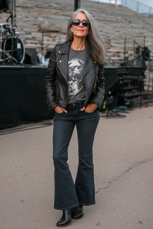 A woman over 40 wears a graphic tee with a leather jacket and flared pants, giving a chic rock concert edge