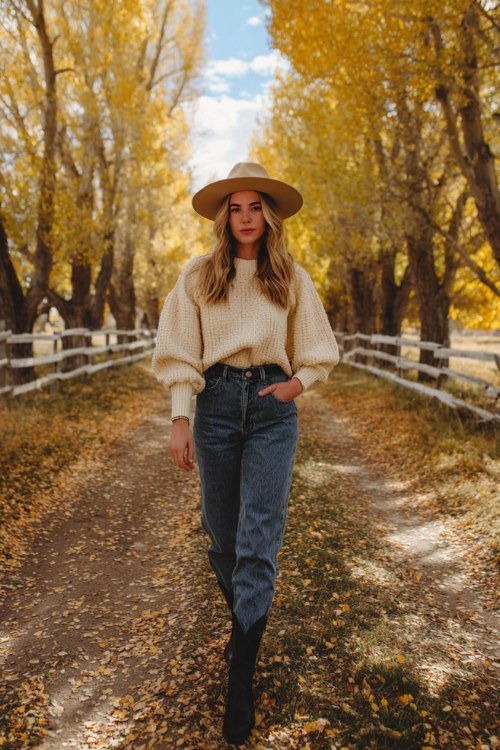 A woman wears high-waisted blue jeans tucked into black cowboy boots, a cream knit sweater, and a tan felt hat