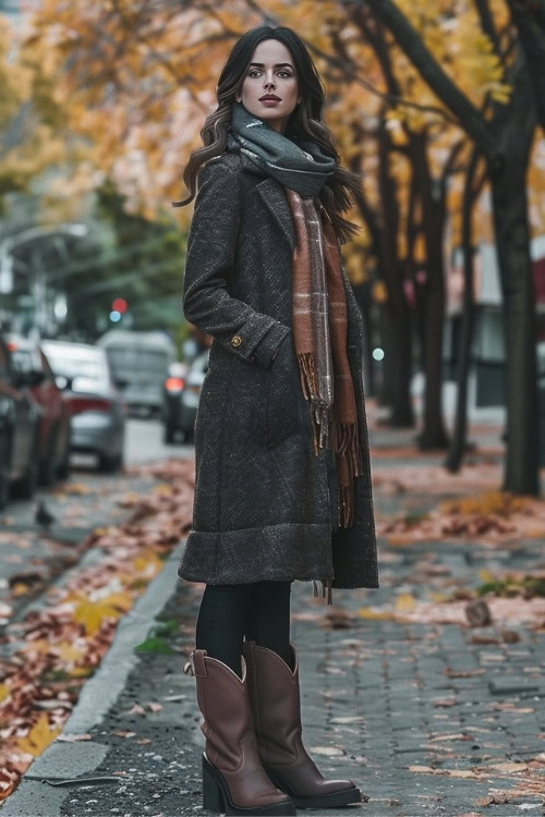 a woman wears a long coat, leggings and brown cowboy boots