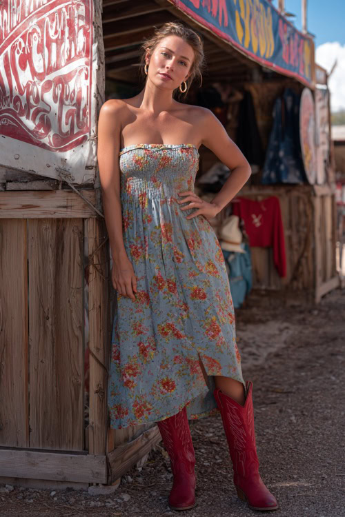 A woman wearing a sleeveless smocked maxi dress with floral prints, styled with red cowgirl boots and simple hoop earrings