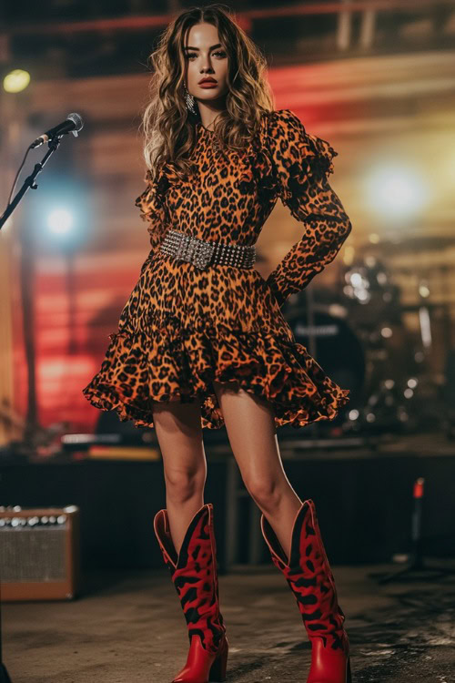 A confident woman in a bold animal print dress with ruffled details, accessorized with red cowboy boots and a studded belt (2)