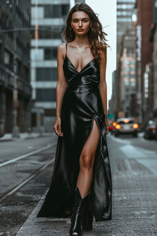 A woman wears black cowboy boots with a black slip dress