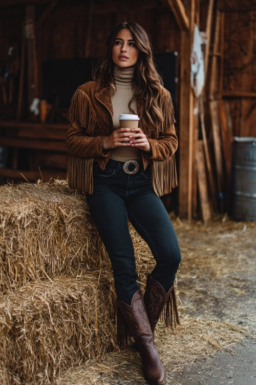 A curvy woman wears a turtleneck sweater under a suede fringe jacket, dark jeans, and pointed-toe cowboy boots, holding a hot drink in a barn concert setting