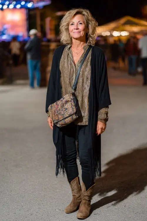 A woman over 50 wears tailored black pants with a long cardigan and a silk blouse, paired with ankle cowboy boots and a fringe crossbody bag