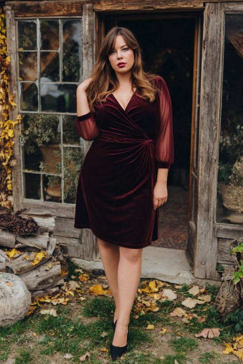 A plus-size woman wears a knee-length velvet wrap dress in deep burgundy with sheer long sleeves, paired with classic black heels