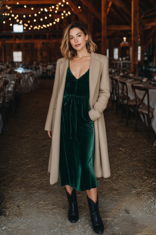 A woman over 40 wearing a hunter green velvet midi dress under a light camel wool coat, styled with black cowboy boots