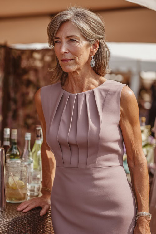 A woman over 50 in a sleeveless mauve sheath dress with pleated detailing and silver earrings, standing beside a bar setup at a classy outdoor wedding event