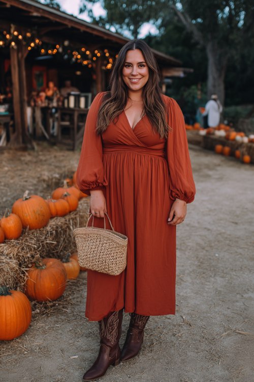 A plus-size woman wears a burnt sienna long-sleeve chiffon dress with bell sleeves and a smocked waist