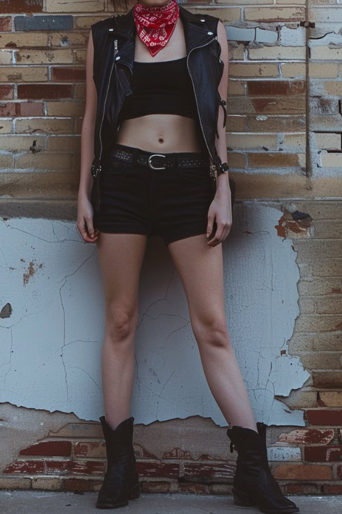 a woman wears black crop top, black shorts, leather vest and black cowboy boots