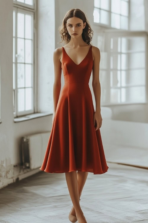 woman wears a V neck burnt orange wedding guest dress and beige heels