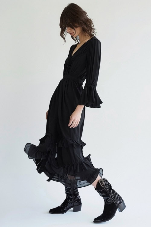 a woman wears sparkly black cowboy boots with a long ruffle black dress