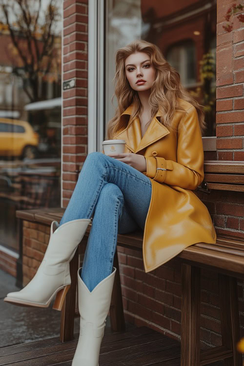A vintage-inspired look with a woman wearing a mustard-colored leather trench coat with oversized buttons, paired with flared blue jeans and cream cowboy boots