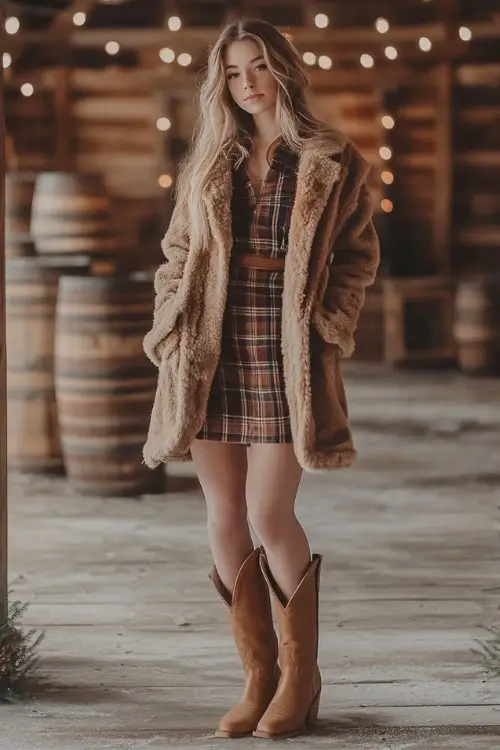 A woman wears a brown plaid wedding guest dress with a brown fur coat and brown cowboy boots