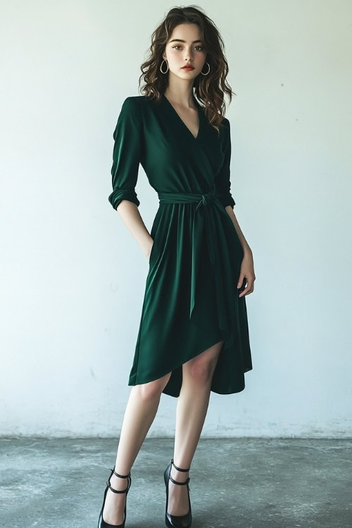 A woman in a knee-length dark green wrap dress with three-quarter sleeves, a belted waist, and a modest V neckline. She pairs the outfit with black heeled ankle boots and gold hoop earrings