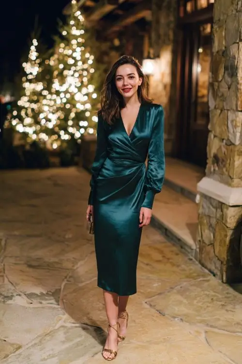A woman wears a deep emerald satin midi dress with long sleeves and gold ankle-strap heels