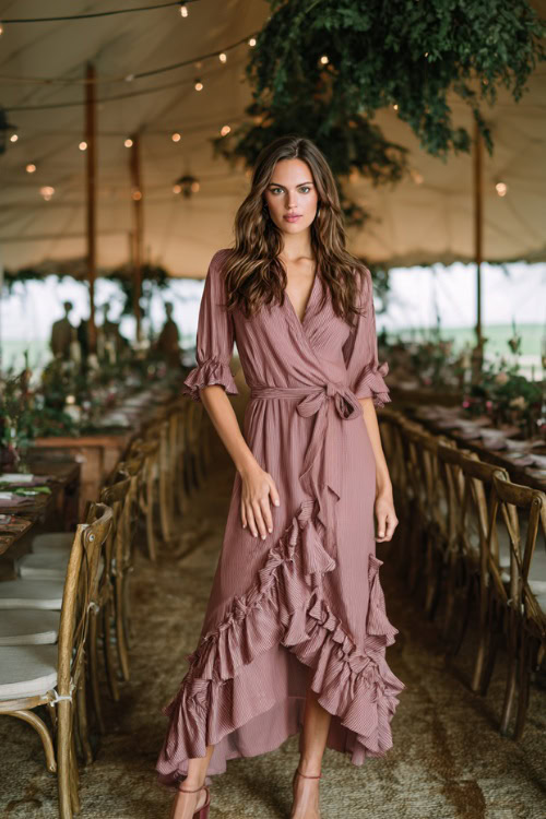 A woman wearing a dusty rose midi dress with ruffle hem and bow belt, standing under a wedding tent decorated with greenery and lights, full body view