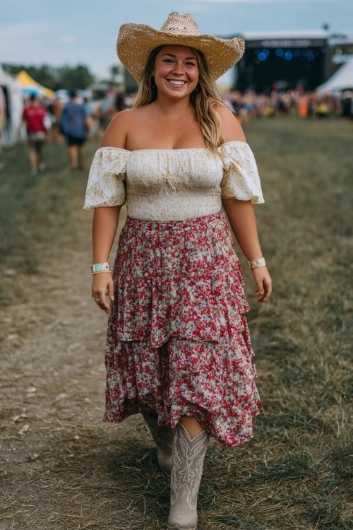 a plus-size woman wears an off shoulder blouse with a tiered floral skirt and cowboy boots outfit for country concert