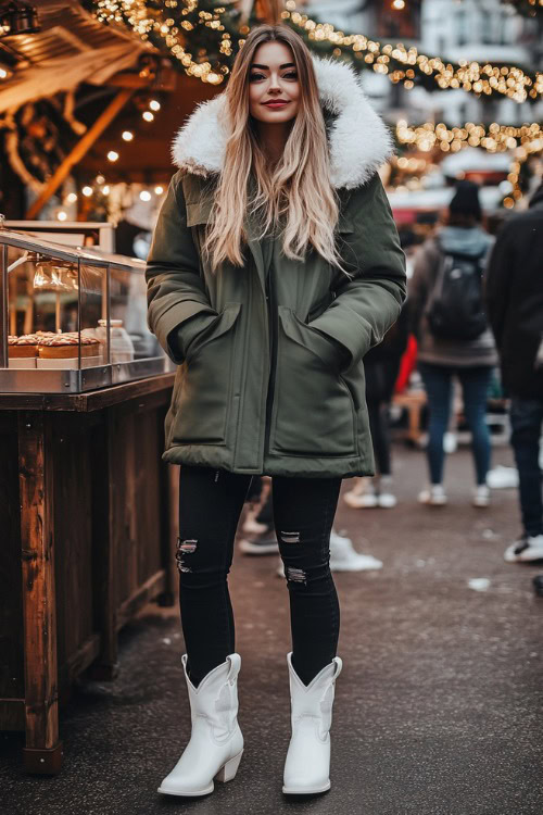 A woman wears white cowboy boots with skinny black jeans and an oversized olive green parka with a faux fur-trimmed hood