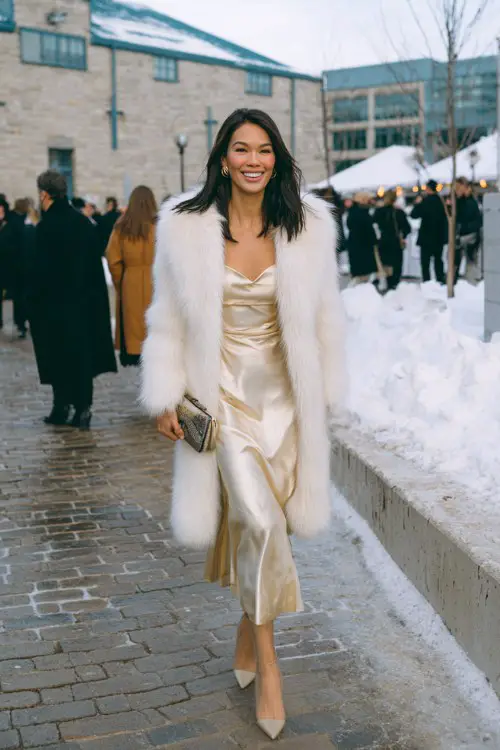 A woman wears a champagne silk dress with a long ivory fur coat, holding a clutch while walking along a snowy cobblestone path