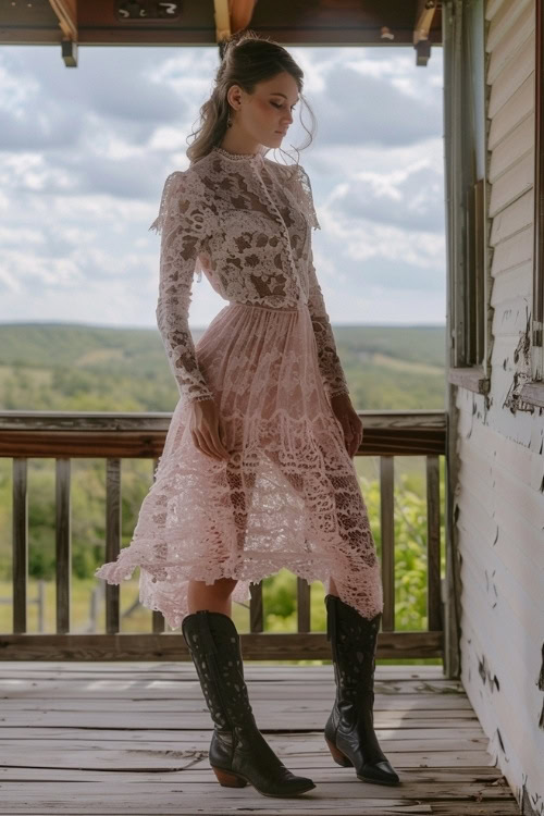 A woman wears black cowboy boots with a pink lace dress (2)