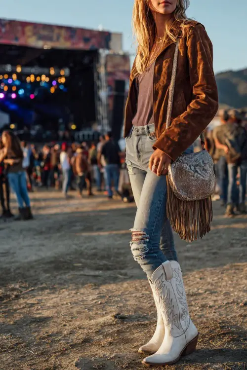 A woman wears distressed denim jeans with a suede jacket and white embroidered boots, holding a fringe satchel at a lively fall fairground concert
