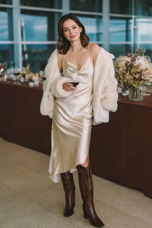 A woman wears a champagne satin slip dress with a cream faux fur jacket and tall brown cowboy boots