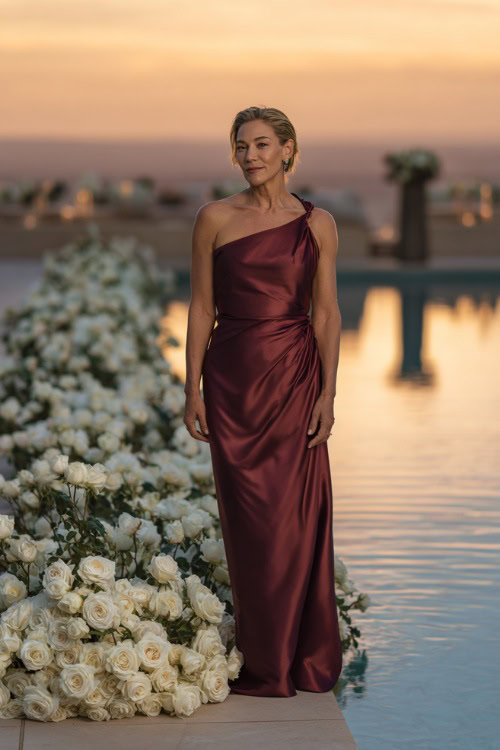 A woman over 50 wearing a sleek wine-colored gown with a one-shoulder neckline and satin finish, standing by a reflective pool surrounded by white roses at a sunset ceremony