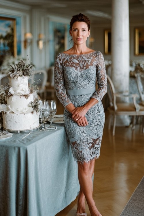 a woman over 50 in a silver lace overlay dress with bateau neckline and knee-length hem