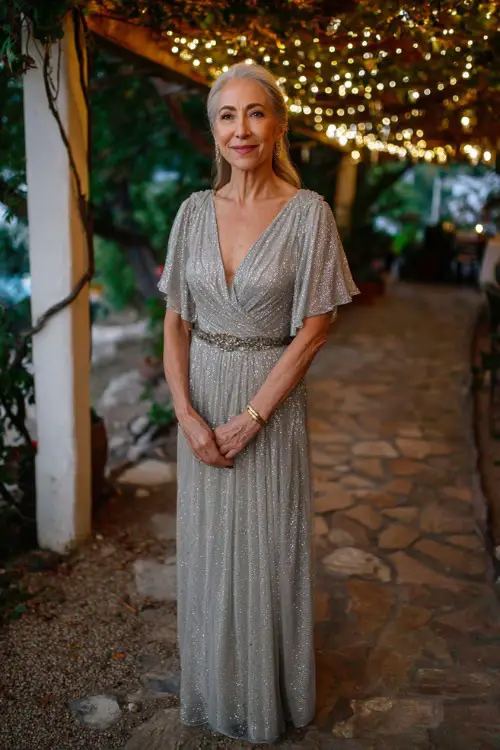 A woman over 50 in a soft gray sequin-embellished gown with flutter sleeves and a flowing skirt, standing under a decorated pergola at a sunset garden wedding