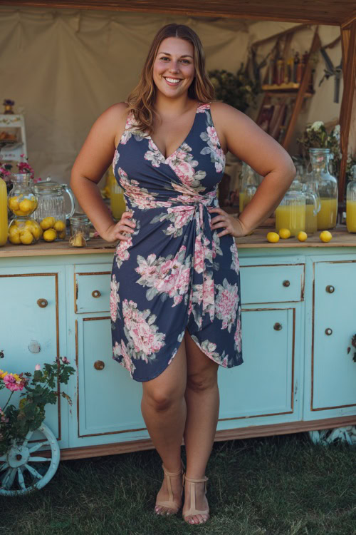 A plus-size woman wearing a sleeveless navy and pink floral wrap dress with tan heels, standing beside a lemonade stand set up at a summer wedding