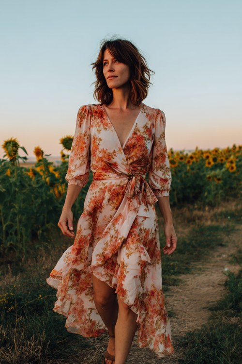 A woman wears a floral chiffon wrap dress in sunset tones with elbow-length sleeves